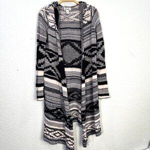 Mudd Womens S‎ Hooded Longline Cardigan Southwestern Geometric Gray Black Boho